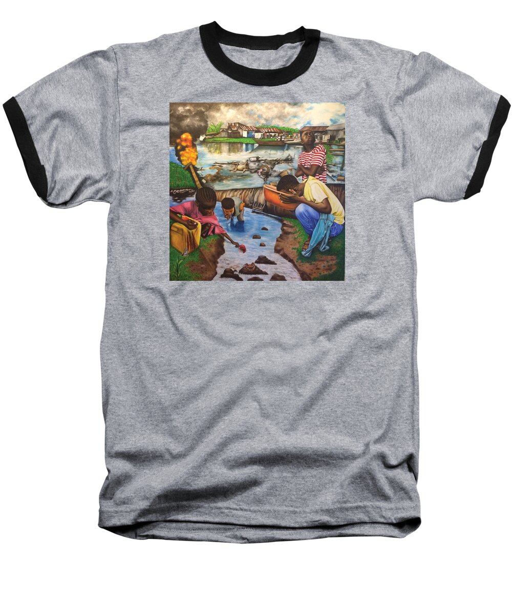 African Baseball T-Shirt featuring the painting Oil- Africans' Wealth and Woe by O Yemi Tubi