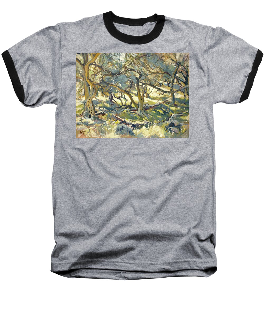 Paxos Baseball T-Shirt featuring the painting Oilve grove Marmari Beach by Nop Briex