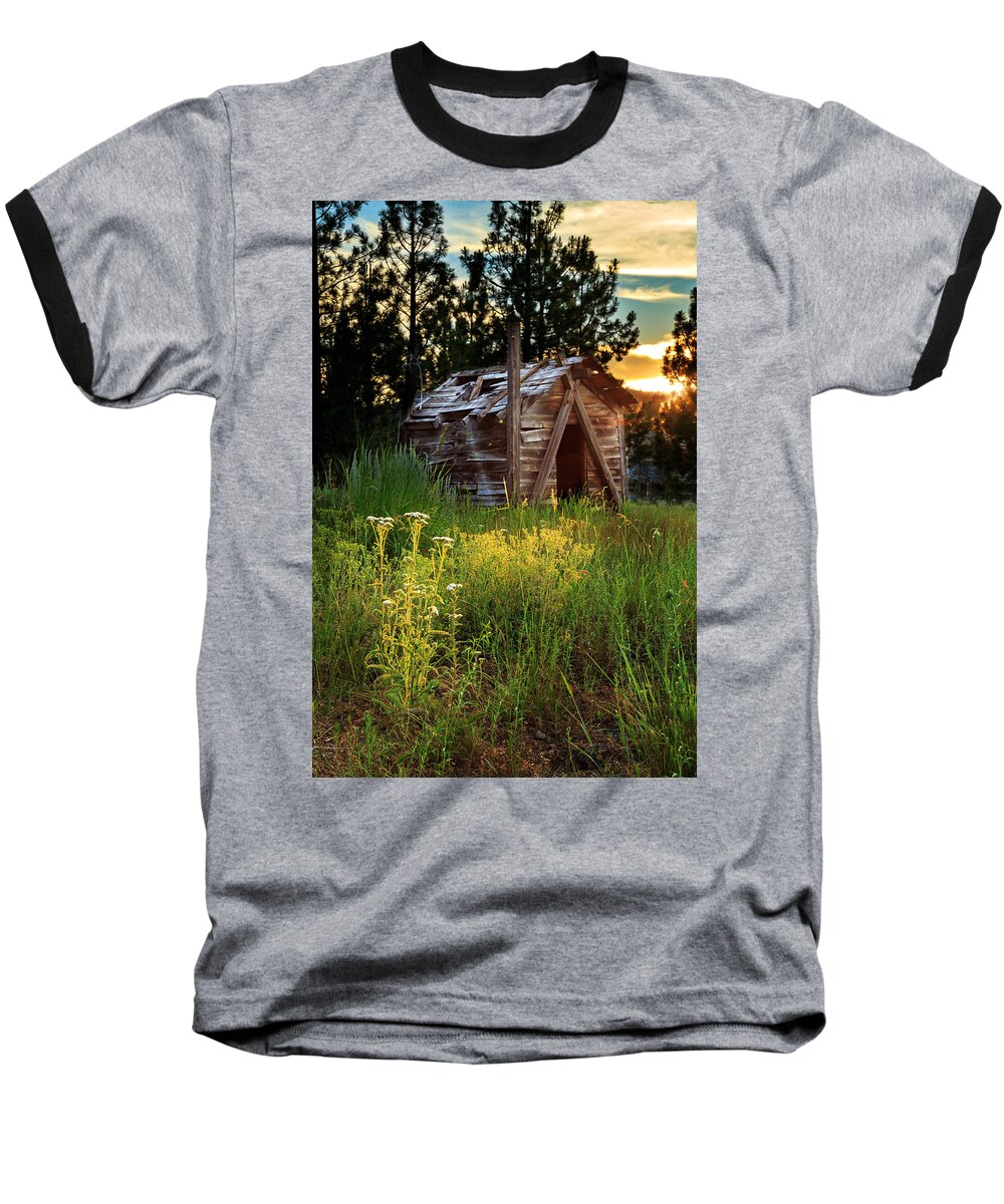 Cabin Baseball T-Shirt featuring the photograph Old Cabin At Sunset by James Eddy