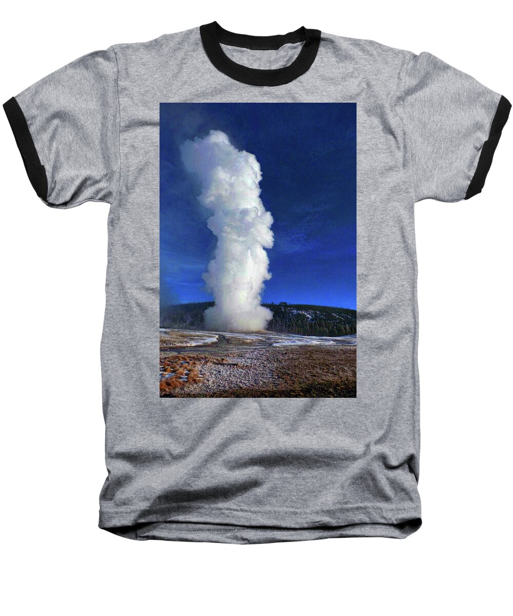 Old Faithful Eruption Baseball T-Shirt featuring the photograph Old Faithful in Winter by C Sitton