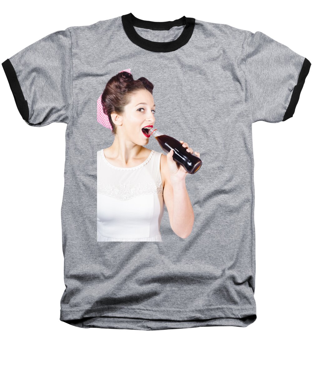 Soft Drink Baseball T-Shirt featuring the photograph Old-fashion pop art girl drinking from soda bottle by Jorgo Photography