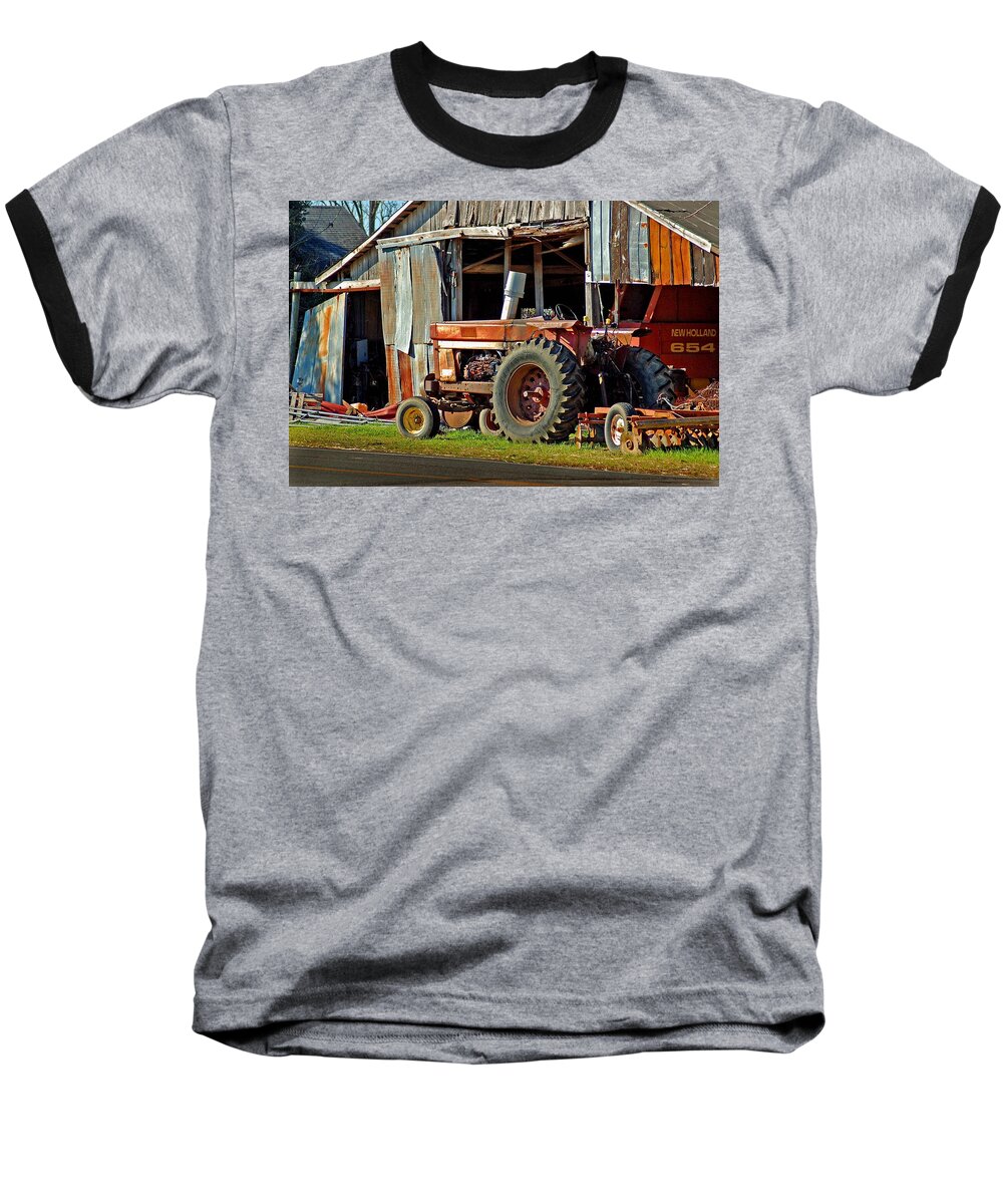 Tractors Baseball T-Shirt featuring the painting Old Red Tractor and the Barn by Michael Thomas