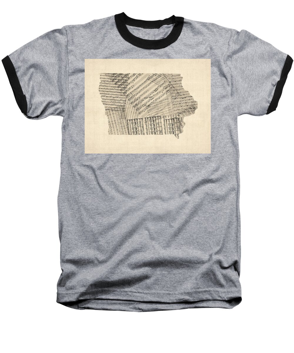 Iowa Baseball T-Shirt featuring the digital art Old Sheet Music Map of Iowa by Michael Tompsett