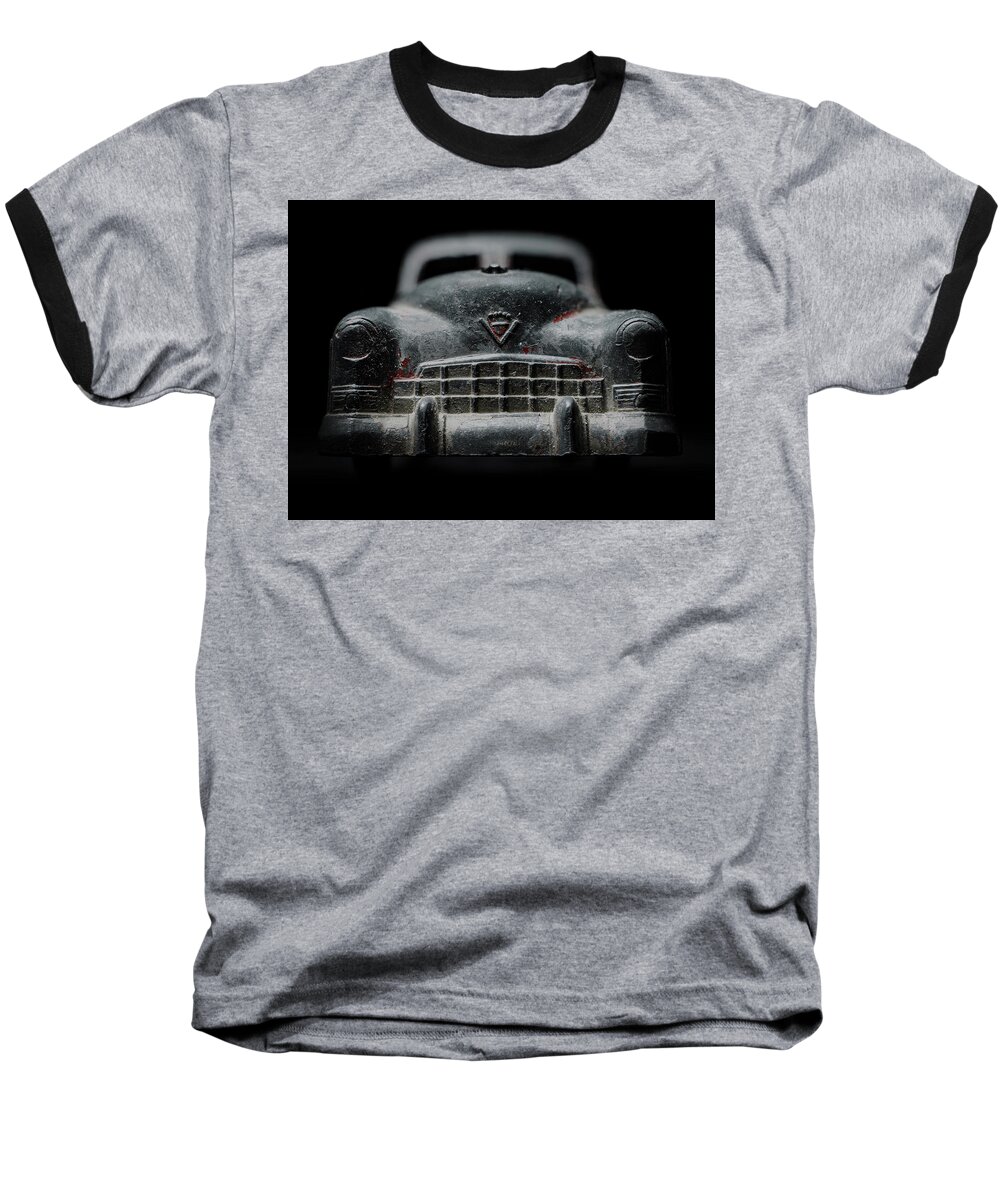 Old Toy Baseball T-Shirt featuring the photograph Old Silver Cadillac Toy Car with specks of red paint by Art Whitton