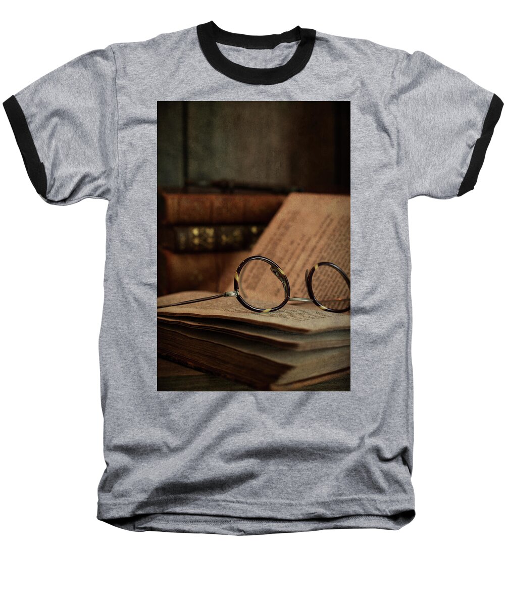 Spectacles Baseball T-Shirt featuring the photograph Old Vintage Books With Reading Glasses by Ethiriel Photography