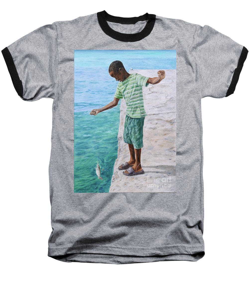 Roshanne Baseball T-Shirt featuring the painting On the Line by Roshanne Minnis-Eyma
