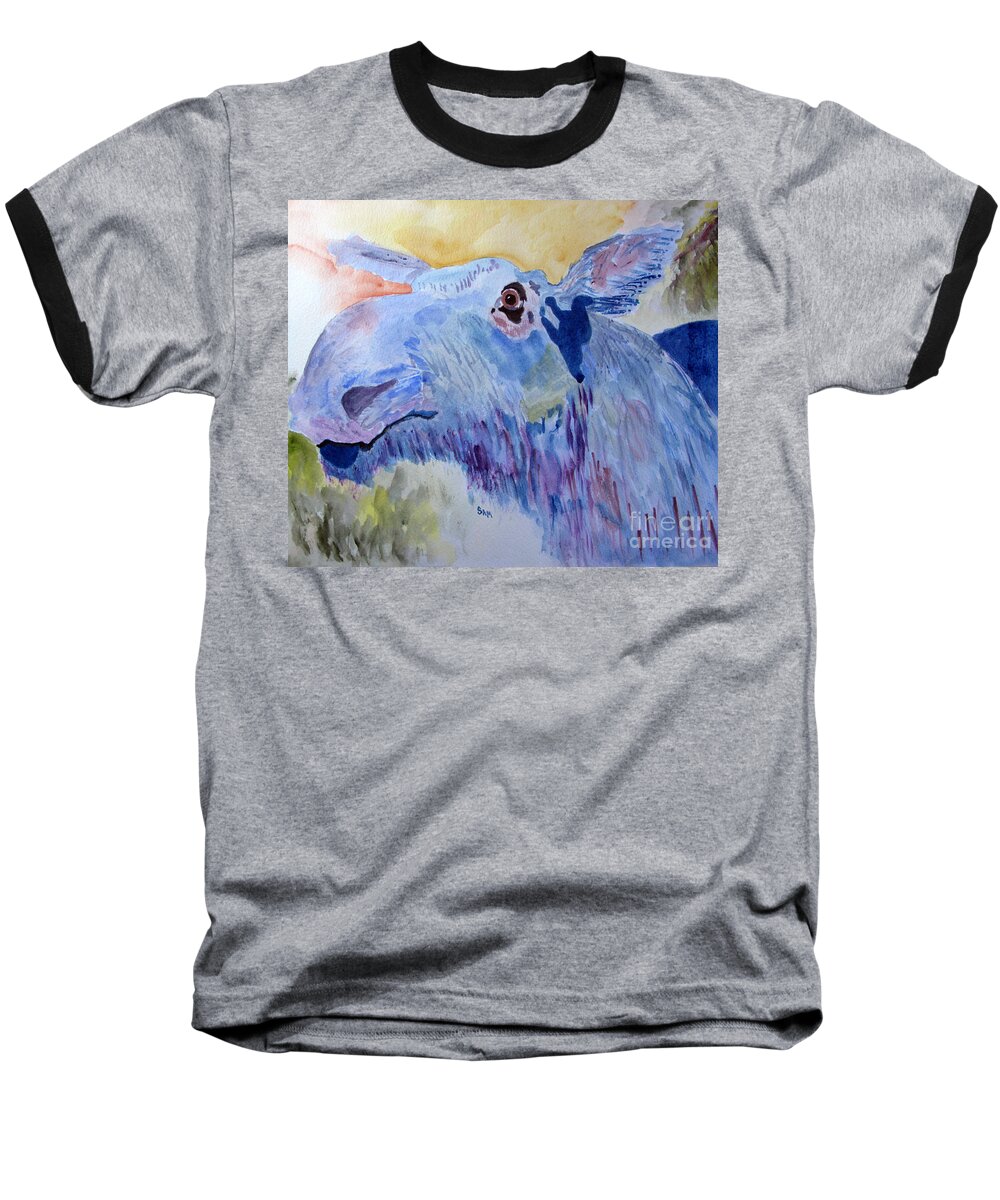 Moose Baseball T-Shirt featuring the painting Once in a Blue Moose by Sandy McIntire