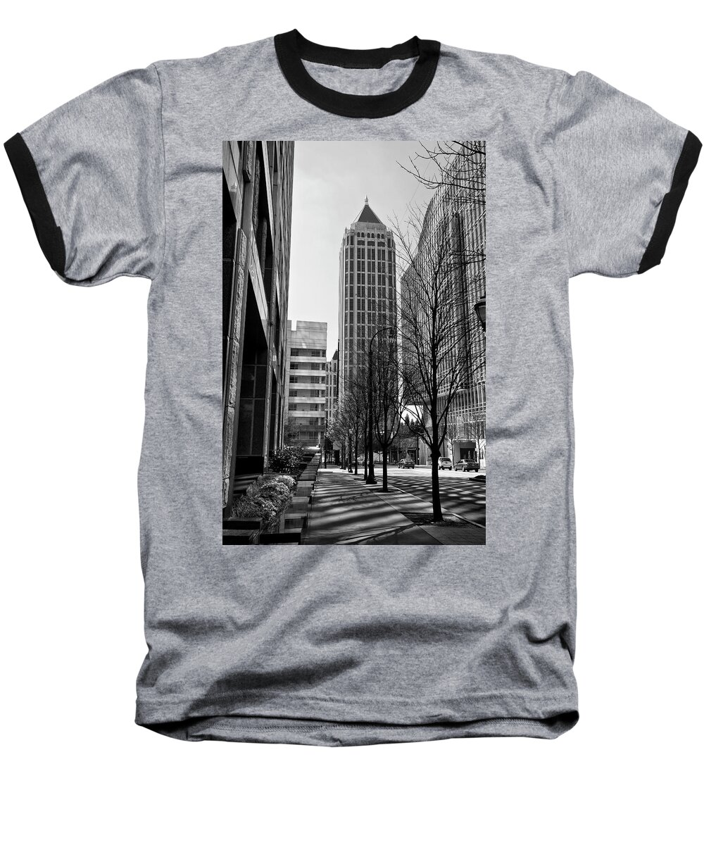 Midtown Atlanta Baseball T-Shirt featuring the photograph One Atlantic Center in Black and White by Jill Lang