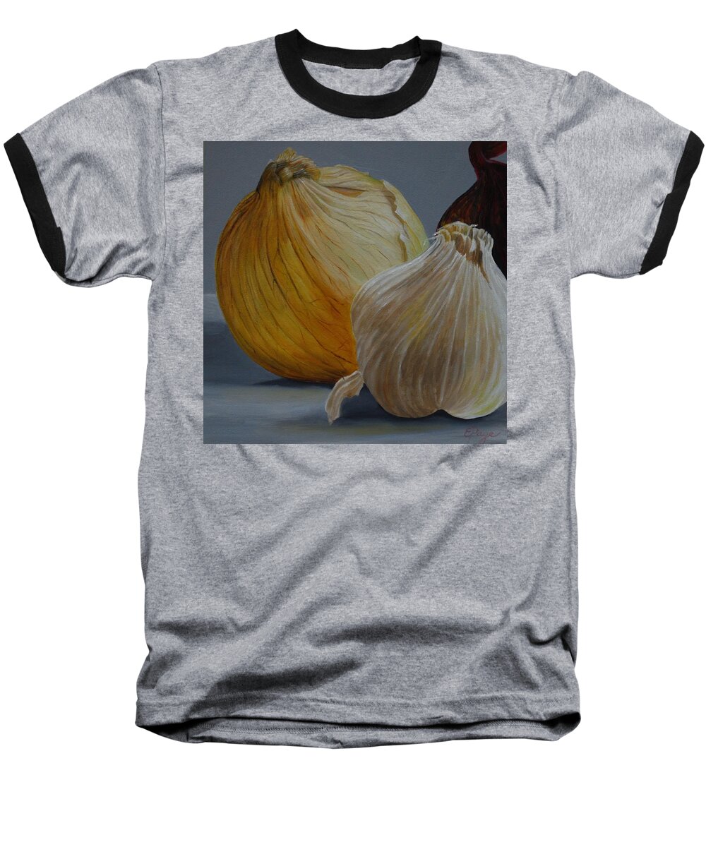 Realism Baseball T-Shirt featuring the painting Onions and Garlic by Emily Page