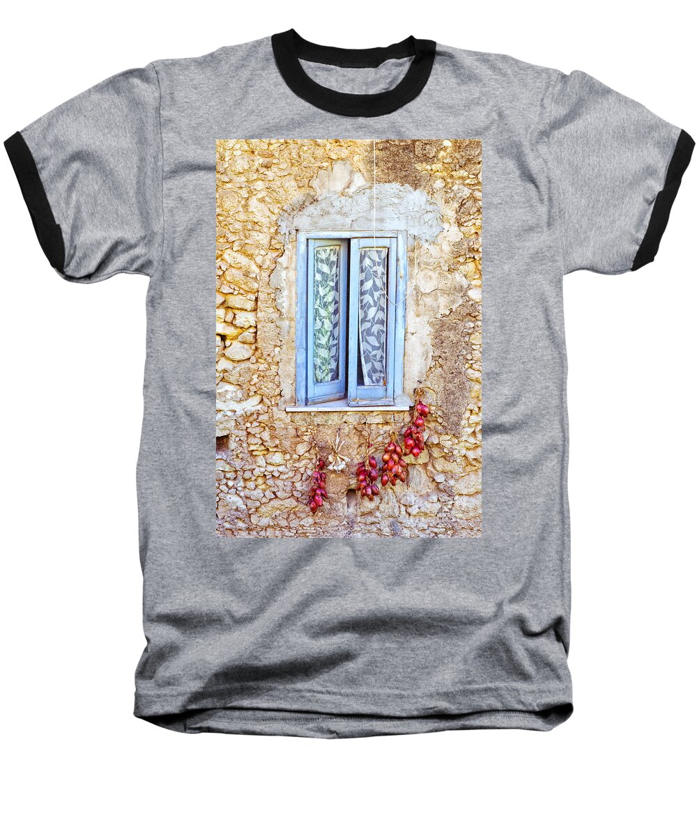Decay Baseball T-Shirt featuring the photograph Onions and garlic on window by Silvia Ganora