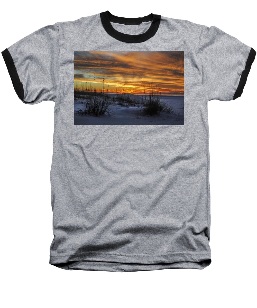 Palm Baseball T-Shirt featuring the digital art Orange Clouded Sunrise over the Pier by Michael Thomas