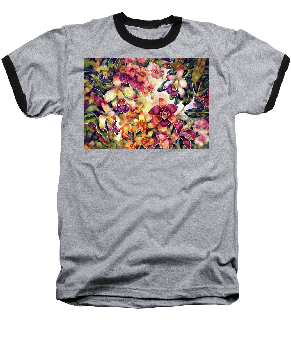 Watercolor Baseball T-Shirt featuring the painting Orchid Garden II by Ann Nicholson