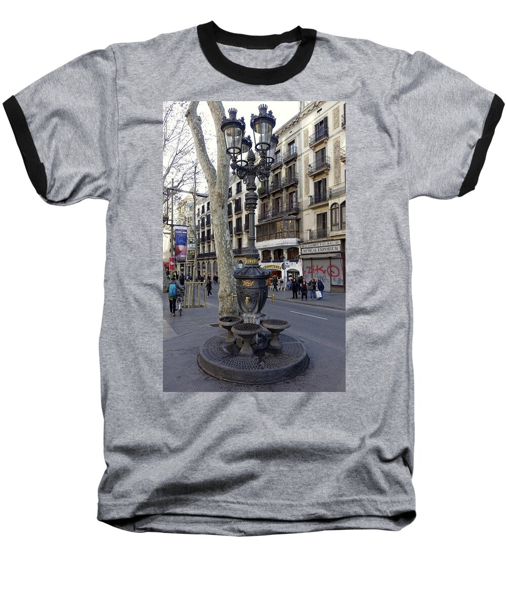 Ornate Fountain Baseball T-Shirt featuring the photograph Ornate Fountain And Lamp Post In Barcelona by Rick Rosenshein