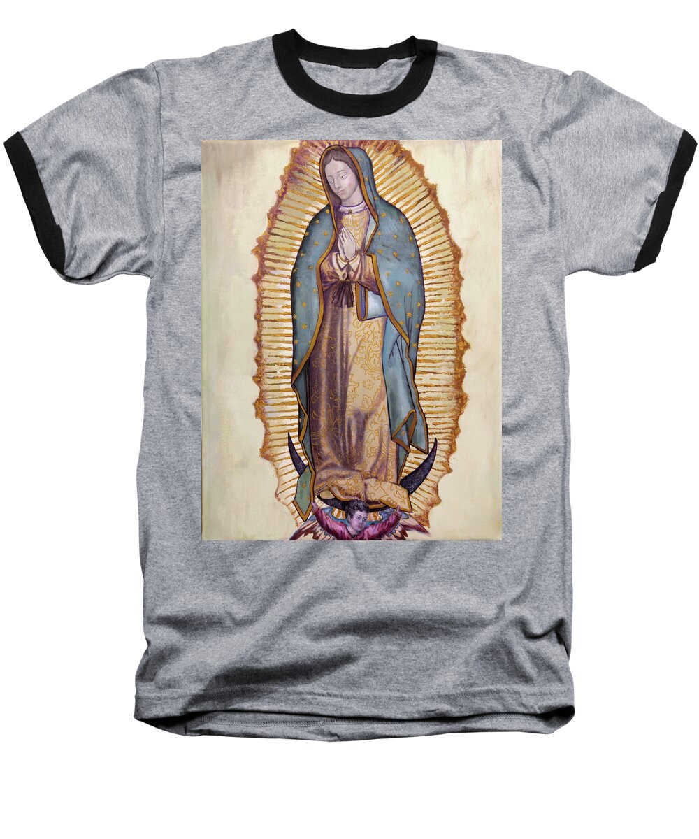 Catholic Baseball T-Shirt featuring the painting Our Lady of Guadalupe by Richard Barone