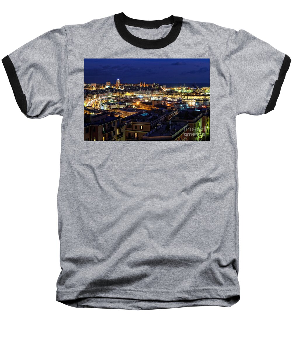 Ancient Baseball T-Shirt featuring the photograph overview of Genoa at evening by Antonio Scarpi