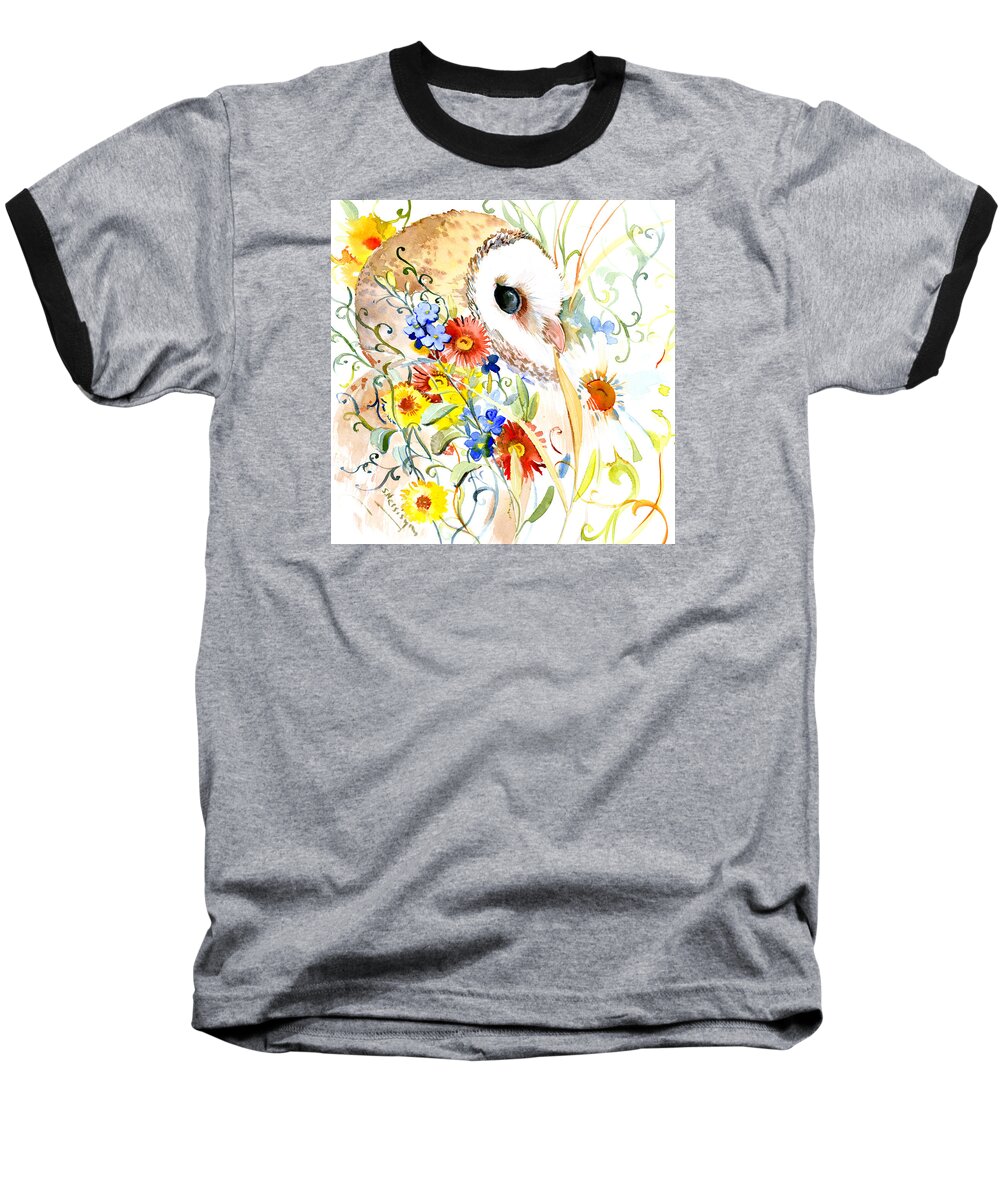 Owl Owl Art Baseball T-Shirt featuring the painting Owl And Flowers by Suren Nersisyan