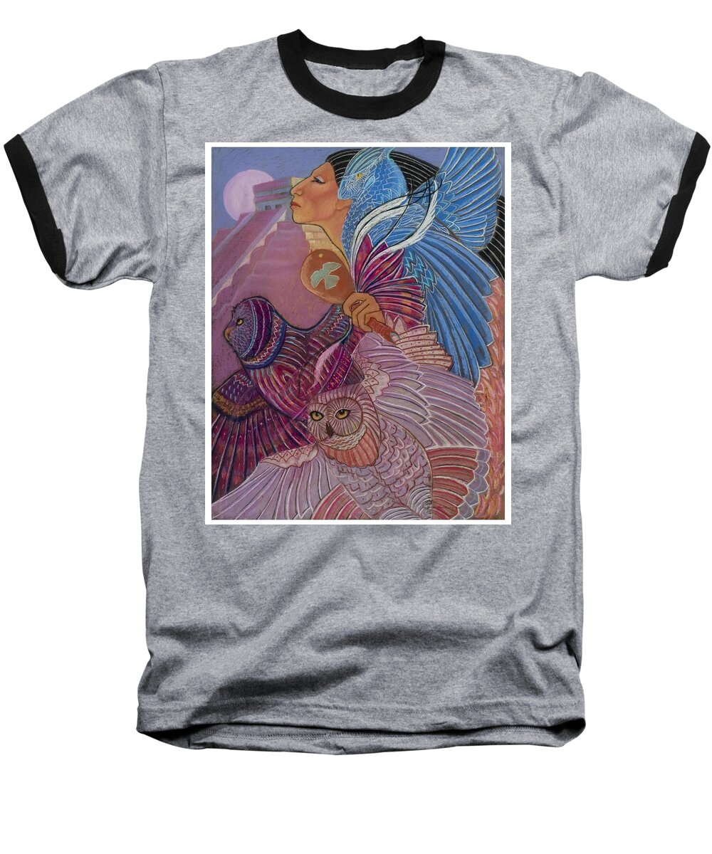 Mayan Woman With Her Owl Totoms At The Temple At Chichen Itza Central America Prymid Moon Shamaness Pastel Painting Fantasy Baseball T-Shirt featuring the pastel Owl Woman At Chichen Itza by Pamela Mccabe