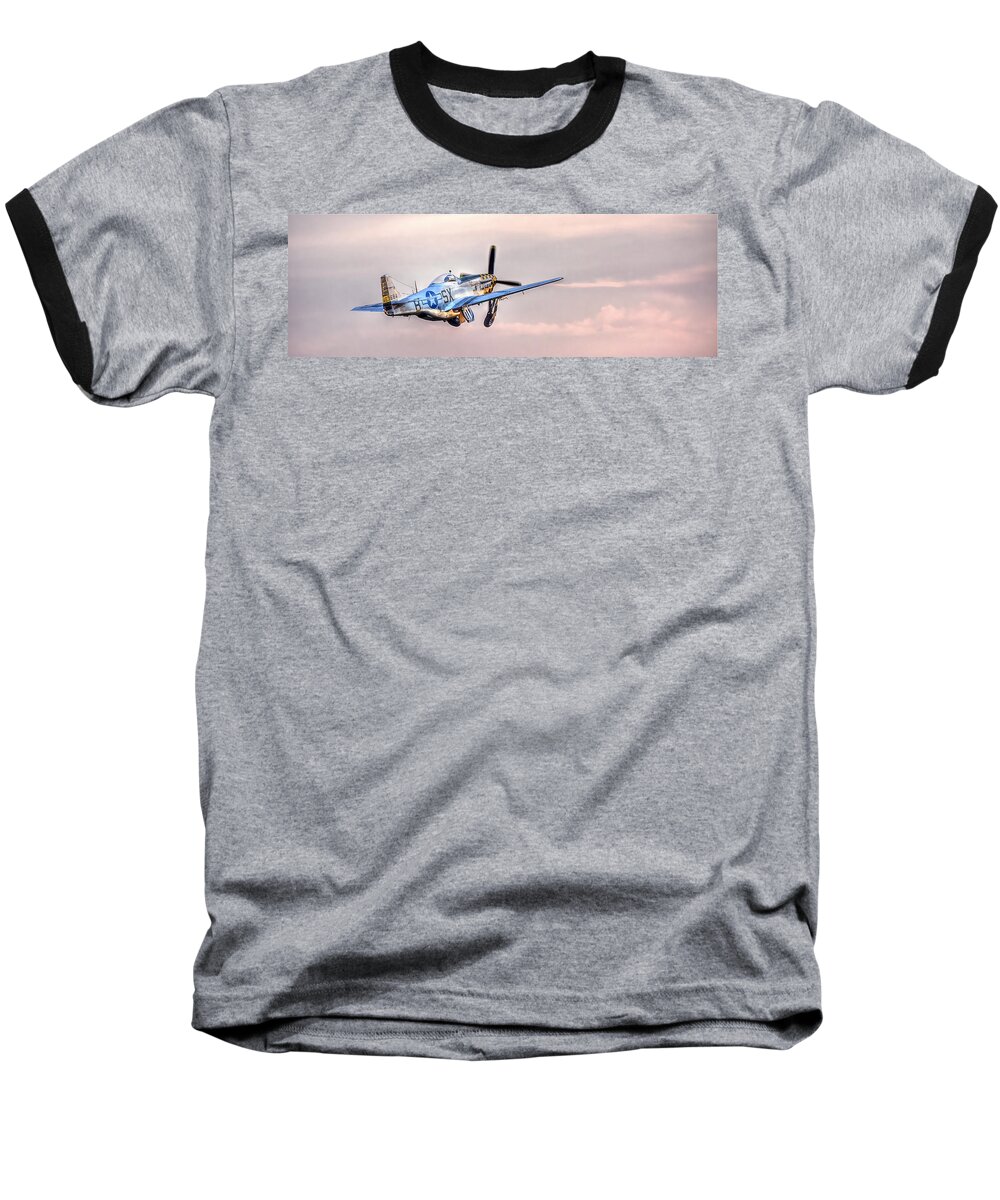 Military Aviation Museum Baseball T-Shirt featuring the photograph P-51 Mustang Taking Off by Don Mercer