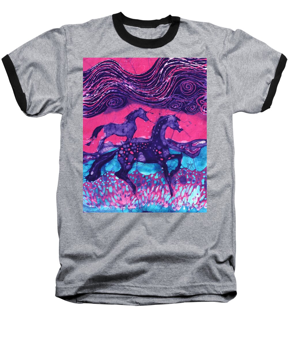 Batik Baseball T-Shirt featuring the tapestry - textile Painted Horses Below the Wind by Carol Law Conklin