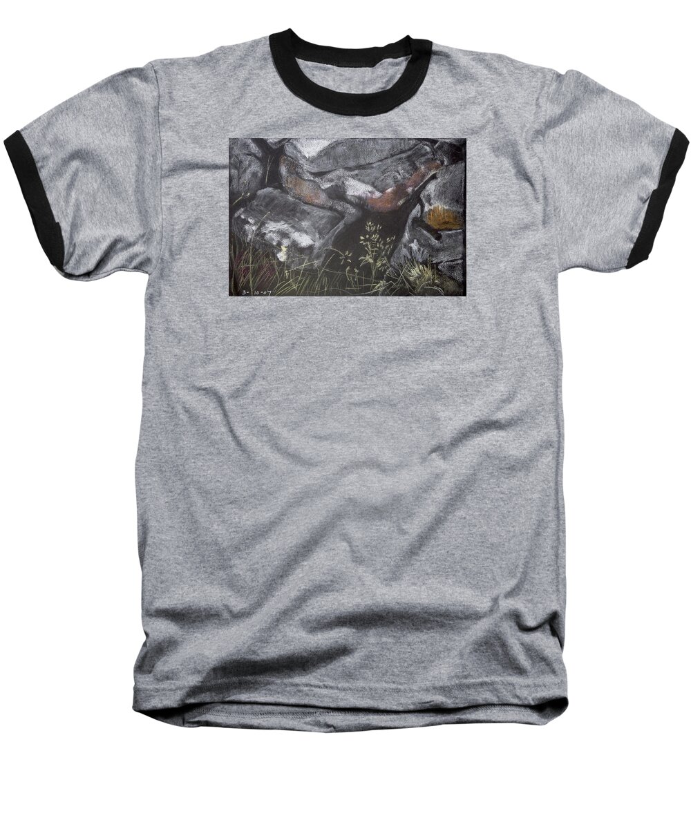  Baseball T-Shirt featuring the painting Pastel Stones and Plants on Black by Kathleen Barnes