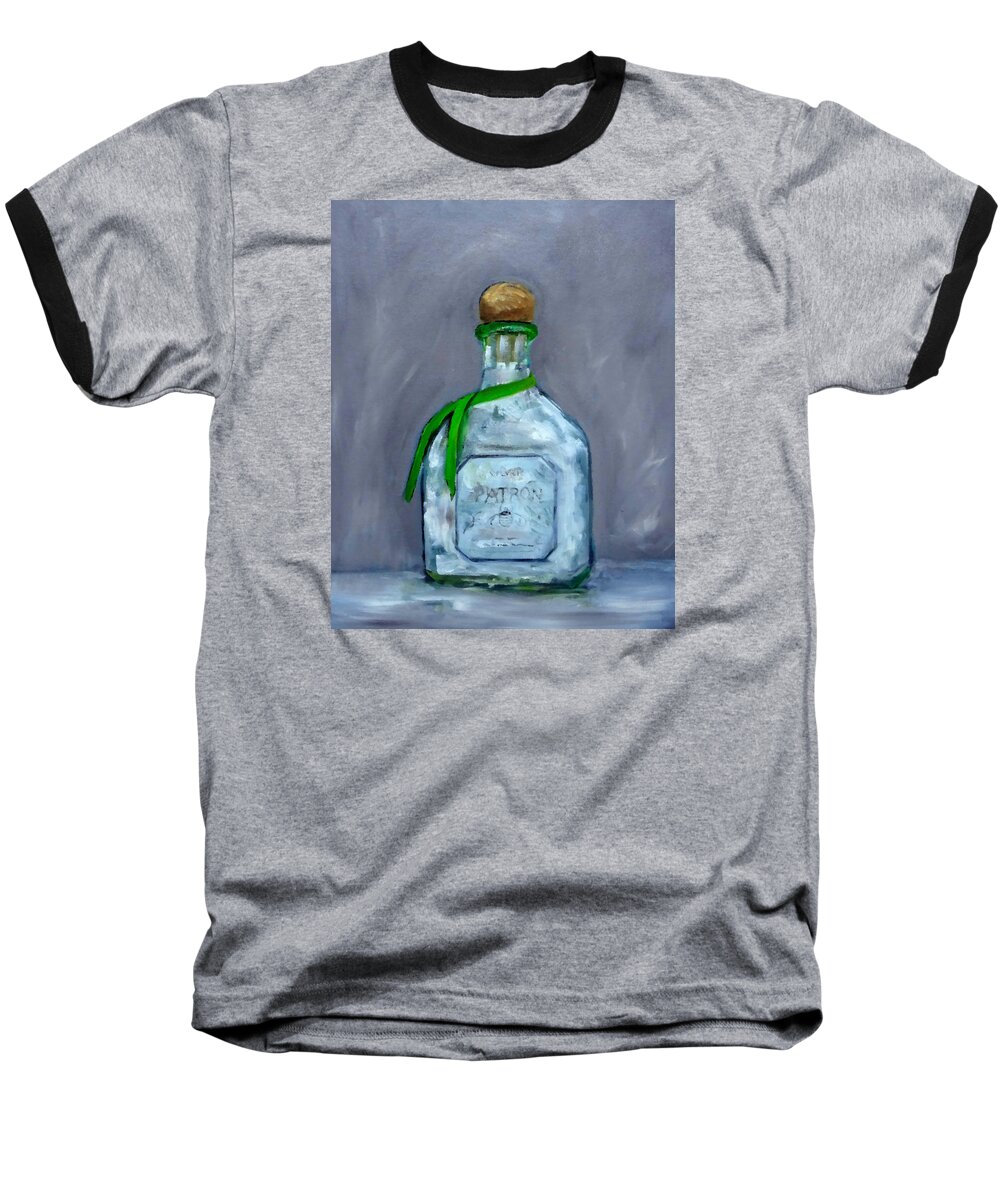 Man Cave Baseball T-Shirt featuring the painting Patron Silver Tequila Bottle Man Cave by Katy Hawk