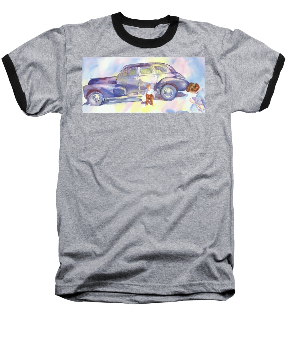 Old Cars Baseball T-Shirt featuring the painting Patty Taking a Picture of Kenny by Tara Moorman