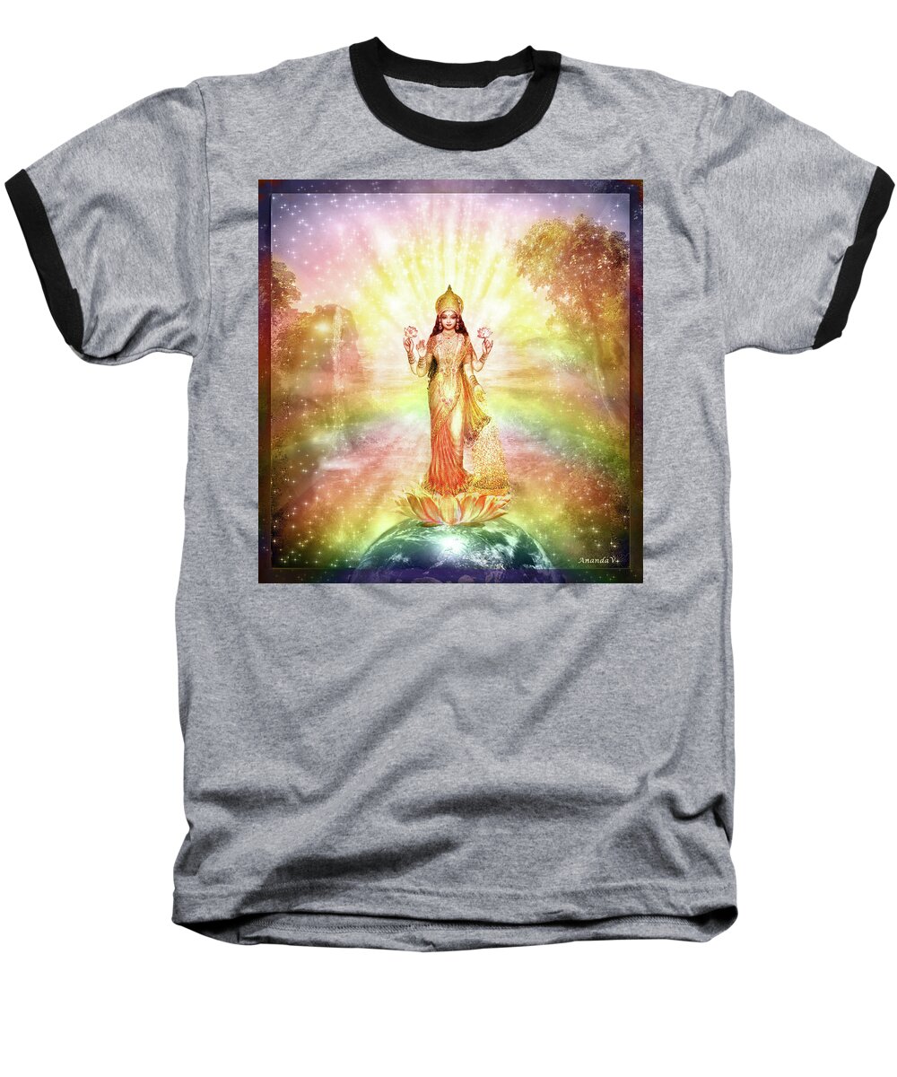 Devi Baseball T-Shirt featuring the mixed media Peace and Prosperity on Earth by Ananda Vdovic