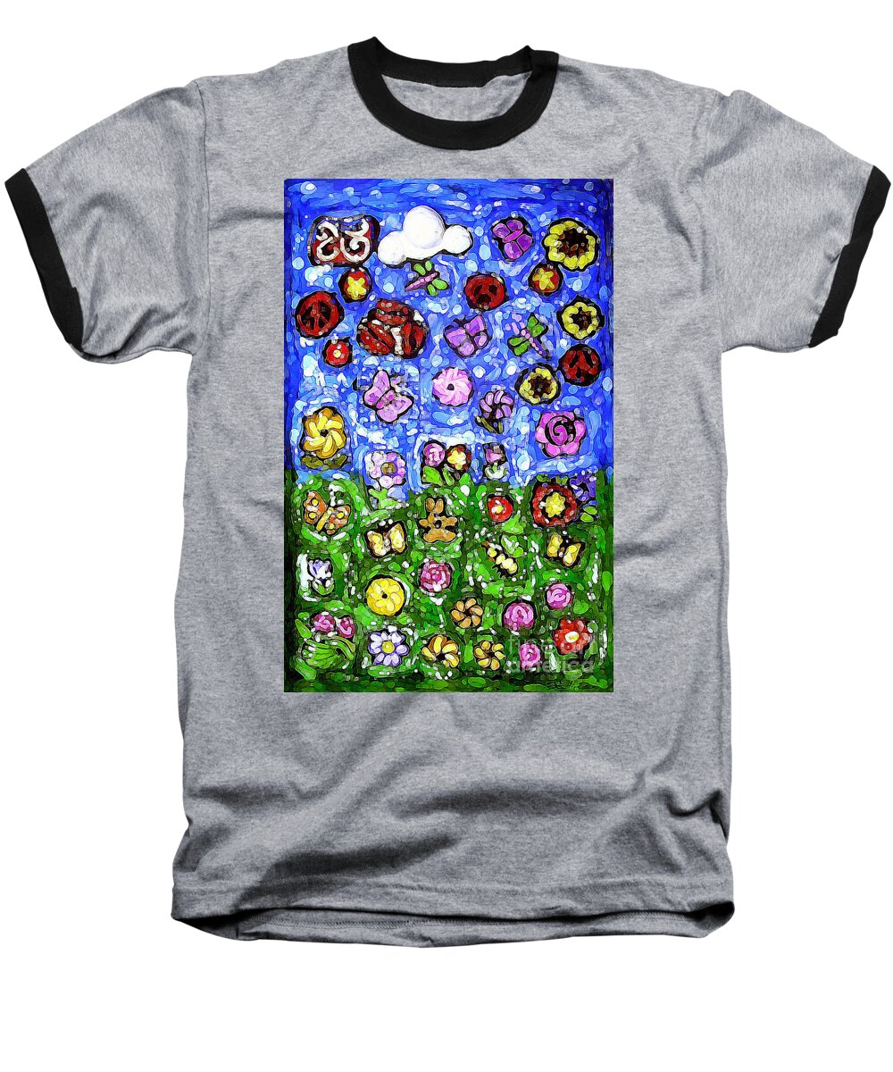 Flowers Baseball T-Shirt featuring the mixed media Peaceful Glowing Garden by Genevieve Esson