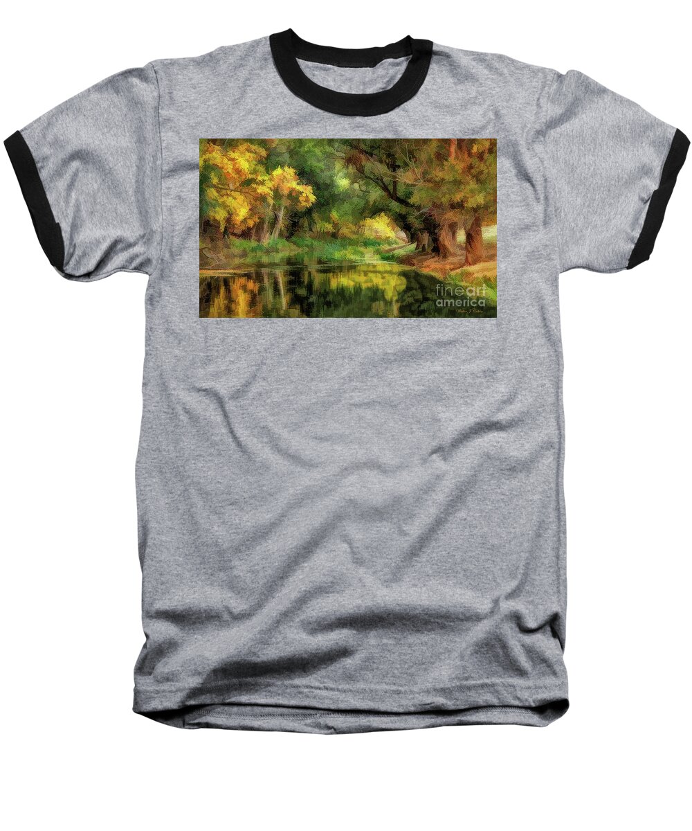 Pond Baseball T-Shirt featuring the digital art Peaceful Pond in the Trees by Walter Colvin