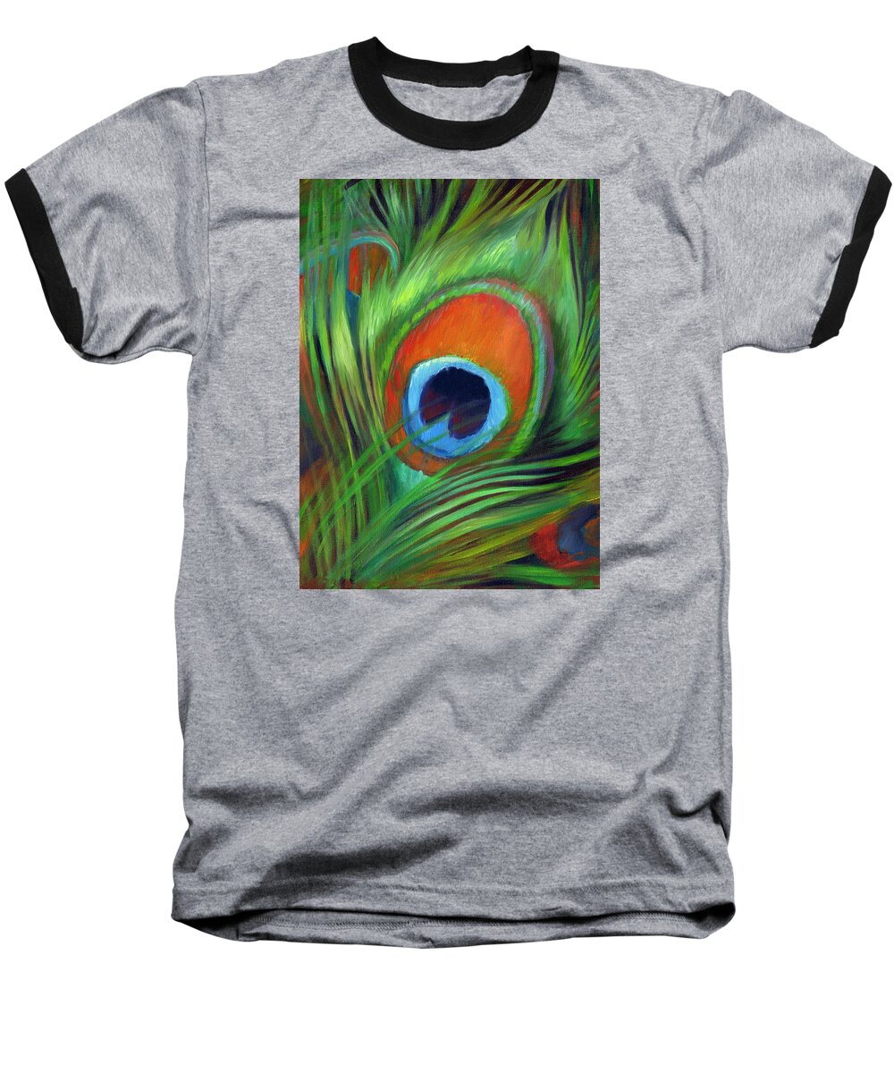 Feather Baseball T-Shirt featuring the painting Peacock Feather by Nancy Tilles