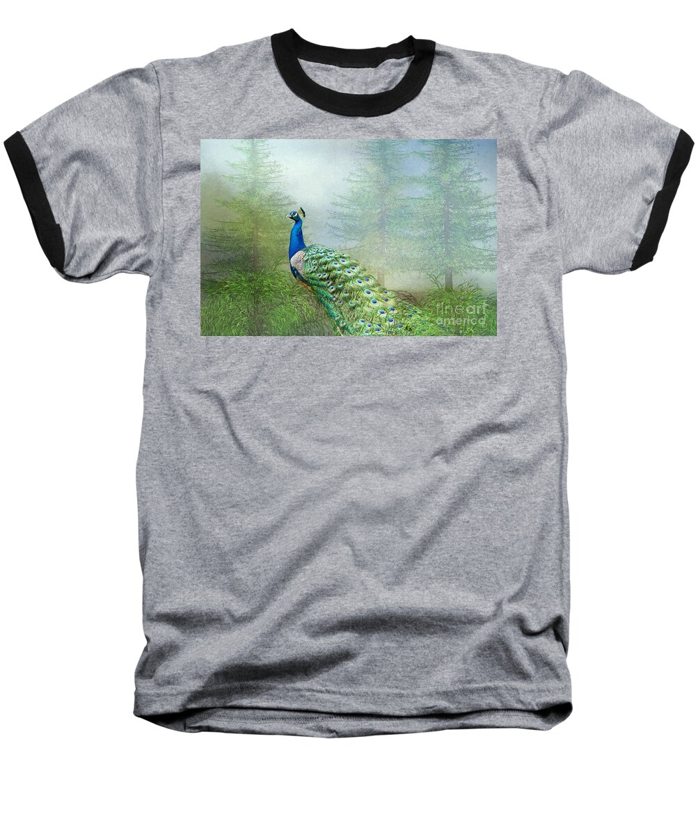 Peacock Baseball T-Shirt featuring the photograph Peacock in the Forest by Bonnie Barry