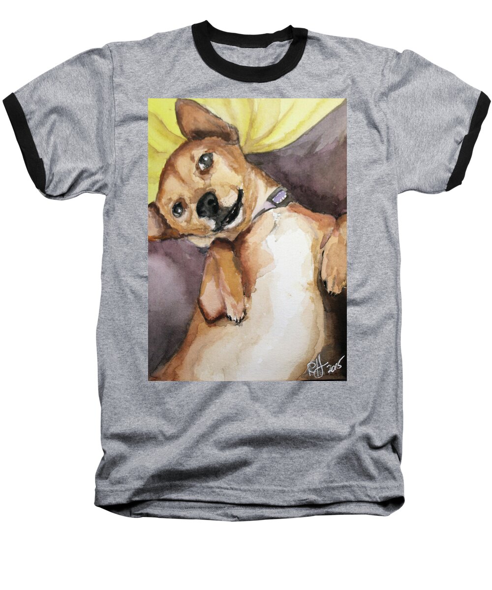Chihuahua Baseball T-Shirt featuring the painting Pedro The Chi-weenie by Rachel Bochnia