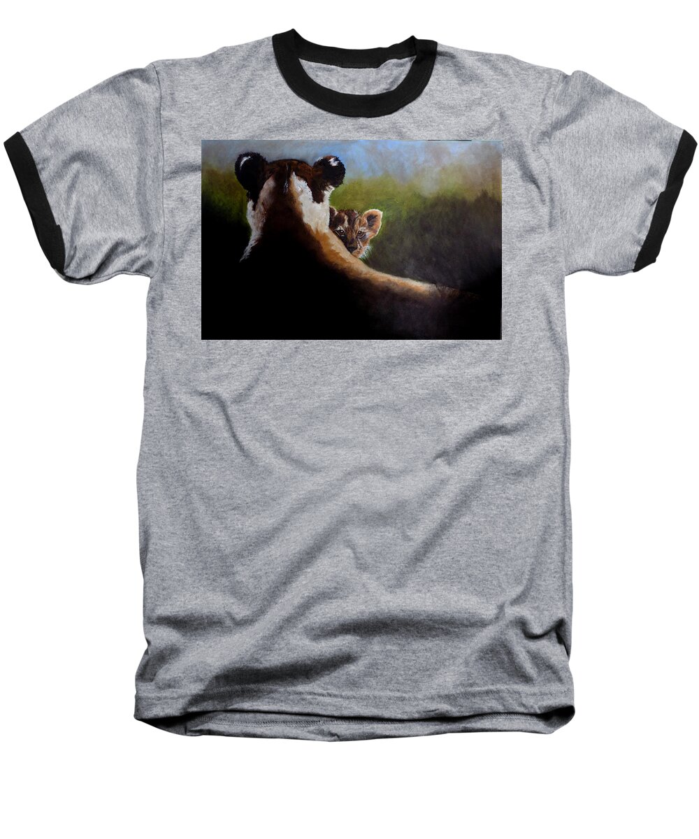 Animal Baseball T-Shirt featuring the painting Peek-A-Boo by Maris Sherwood