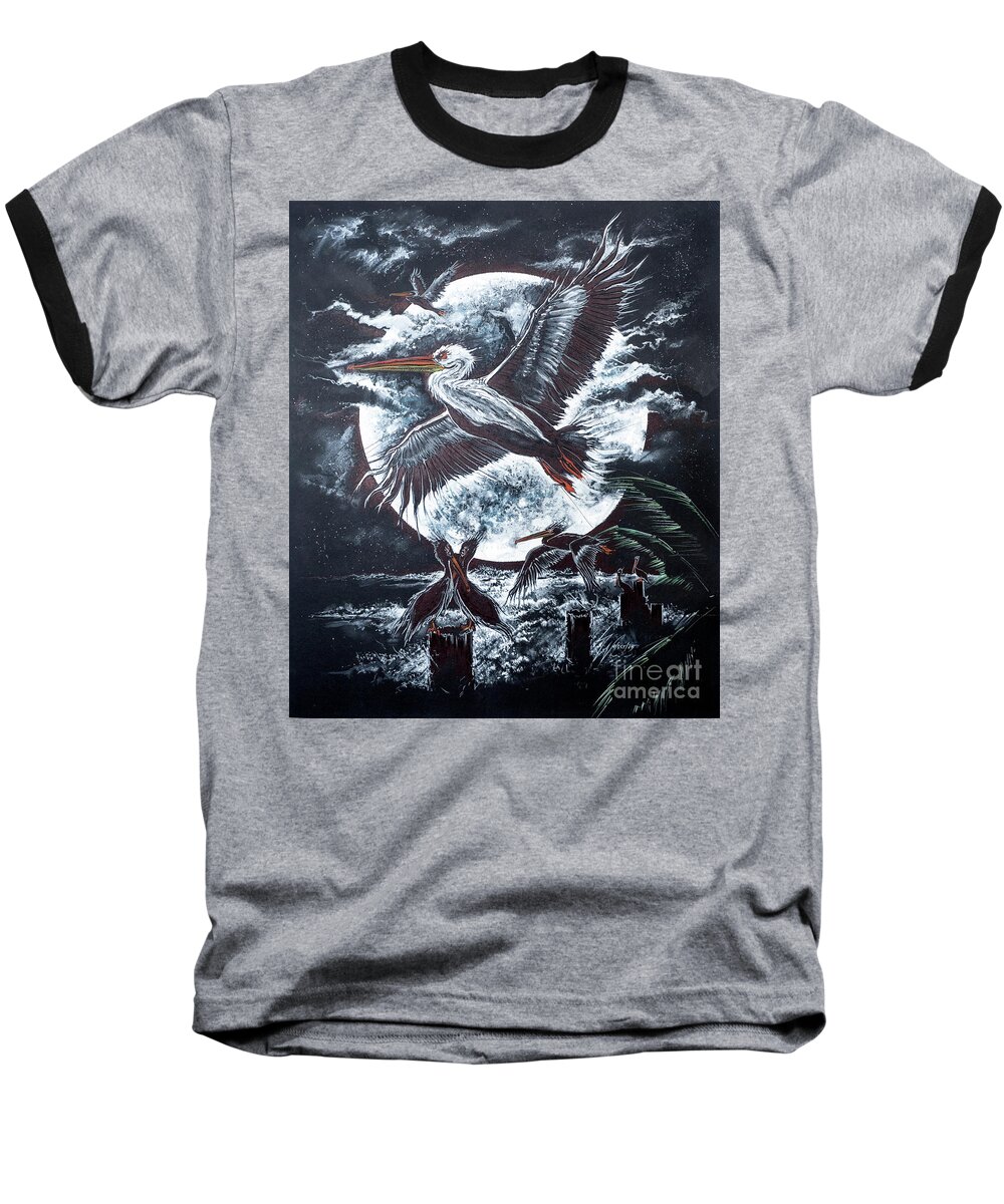 Pelicans Baseball T-Shirt featuring the drawing Pelican Moon by Scott and Dixie Wiley