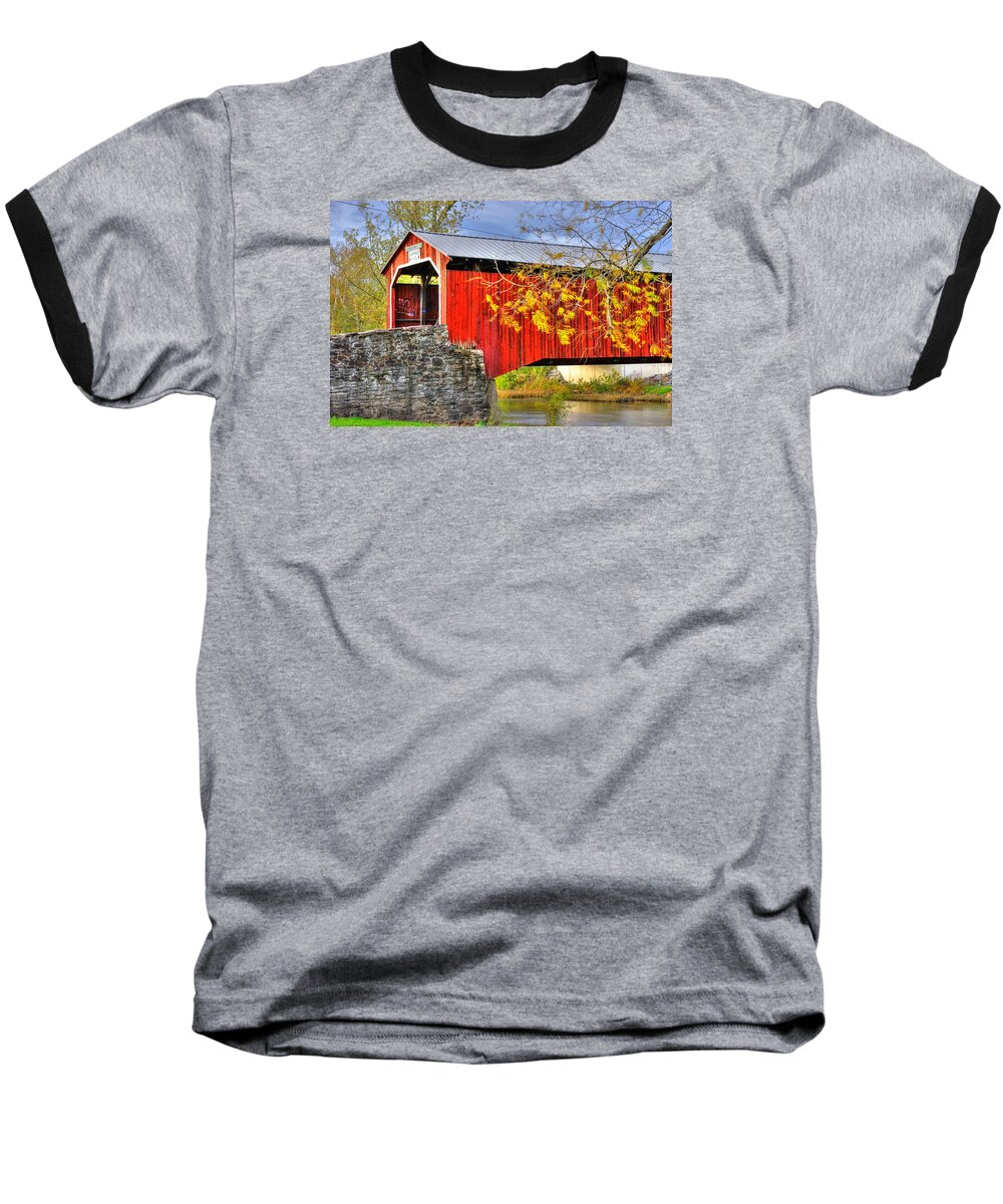 Dellville Covered Bridge Baseball T-Shirt featuring the photograph Pennsylvania Country Roads - Dellville Covered Bridge Over Sherman Creek No. 13 - Perry County by Michael Mazaika