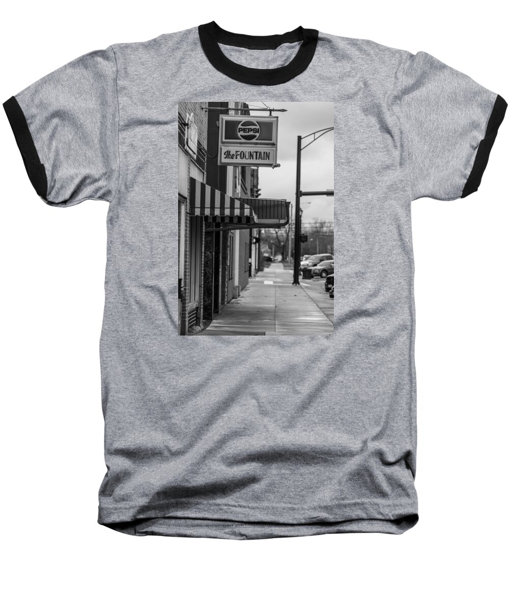 Black And White Baseball T-Shirt featuring the photograph Pepsi The Fountain Sign by John McGraw