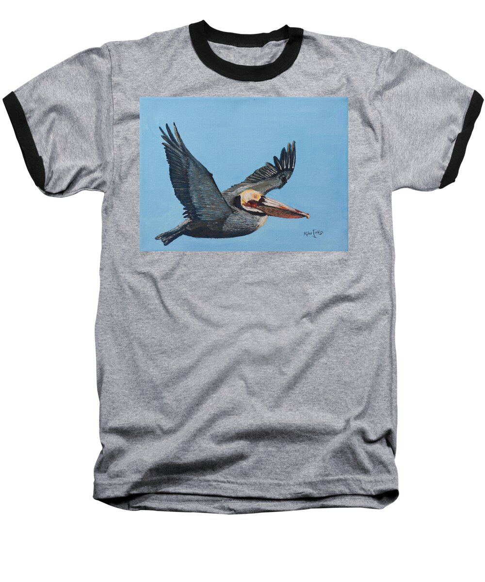 Pelican Baseball T-Shirt featuring the painting Petey the Pelican by Mike Jenkins