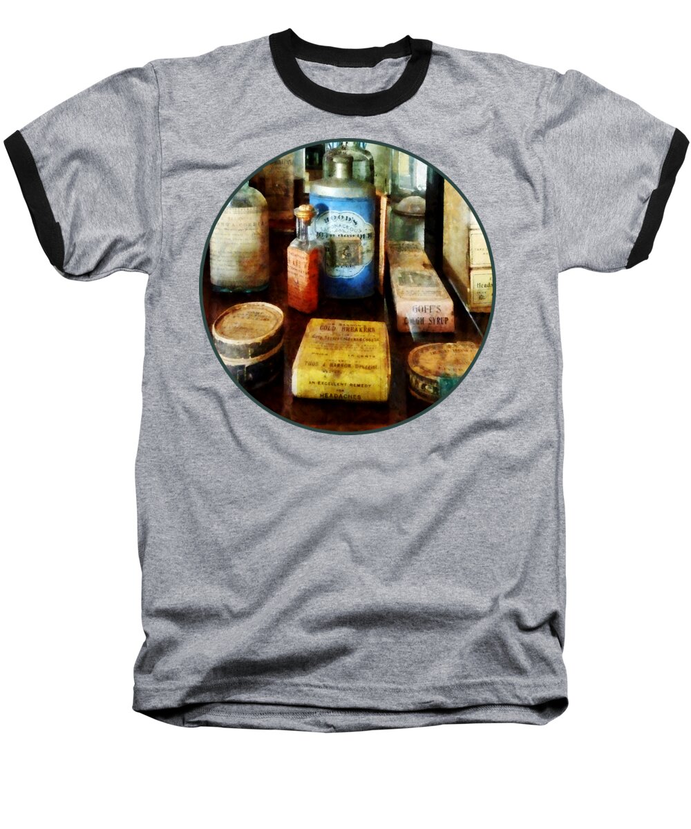 Druggist Baseball T-Shirt featuring the photograph Pharmacy - Cough Remedies and Tooth Powder by Susan Savad