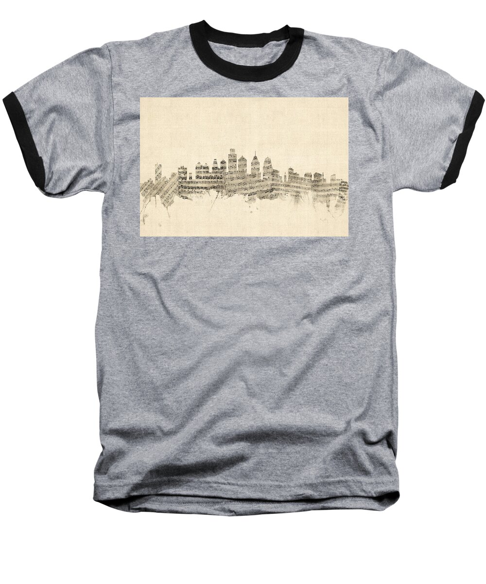 Philadelphia Baseball T-Shirt featuring the digital art Philadelphia Pennsylvania Skyline Sheet Music Cityscape by Michael Tompsett