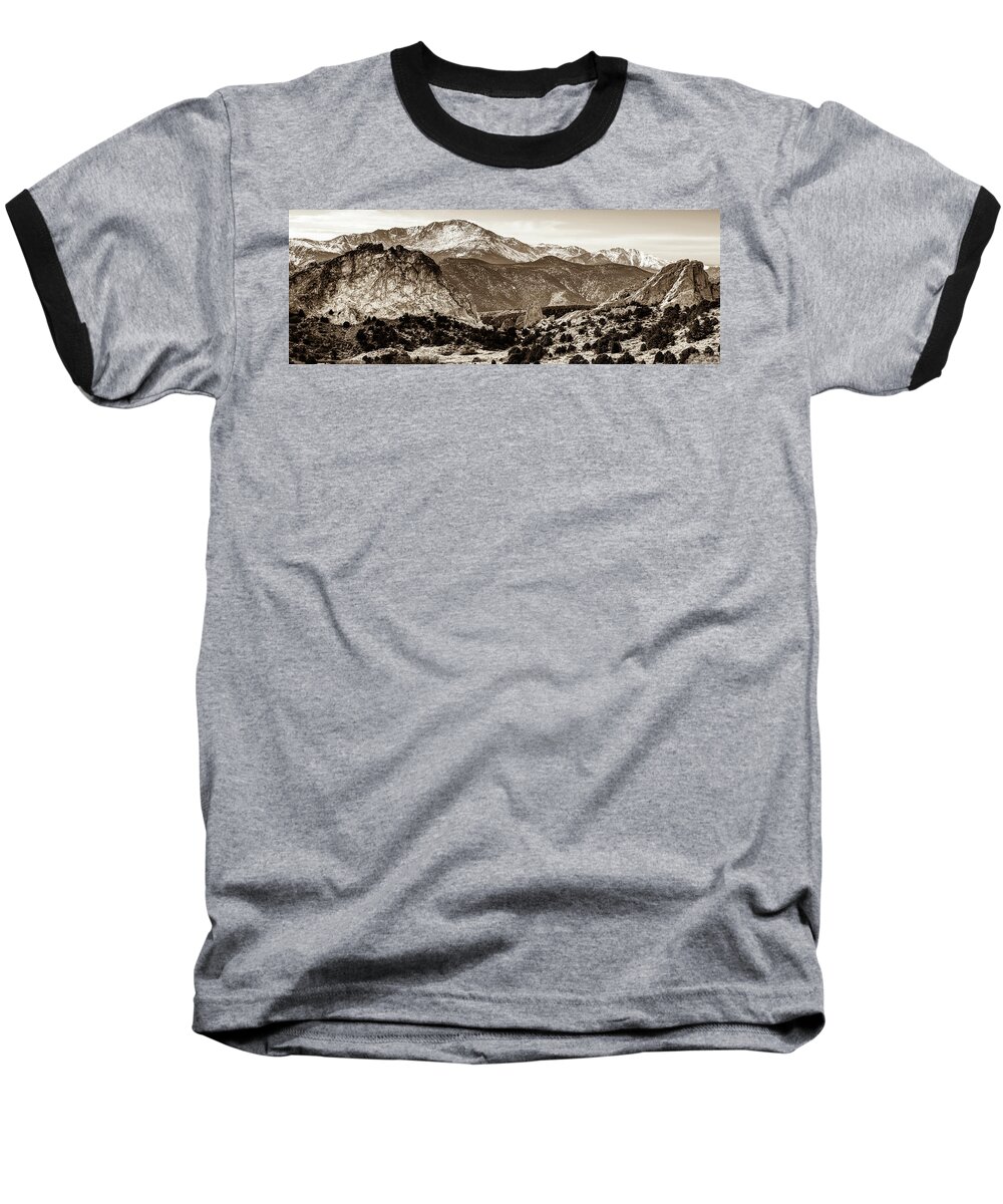 Mountain Baseball T-Shirt featuring the photograph Pikes Peak Mountain Panorama - Colorado Springs in Sepia by Gregory Ballos