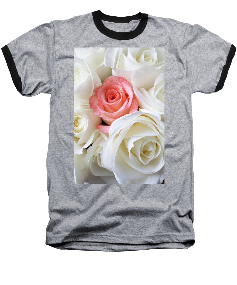 Pink Rose White Roses Baseball T-Shirt featuring the photograph Pink rose among white roses by Garry Gay