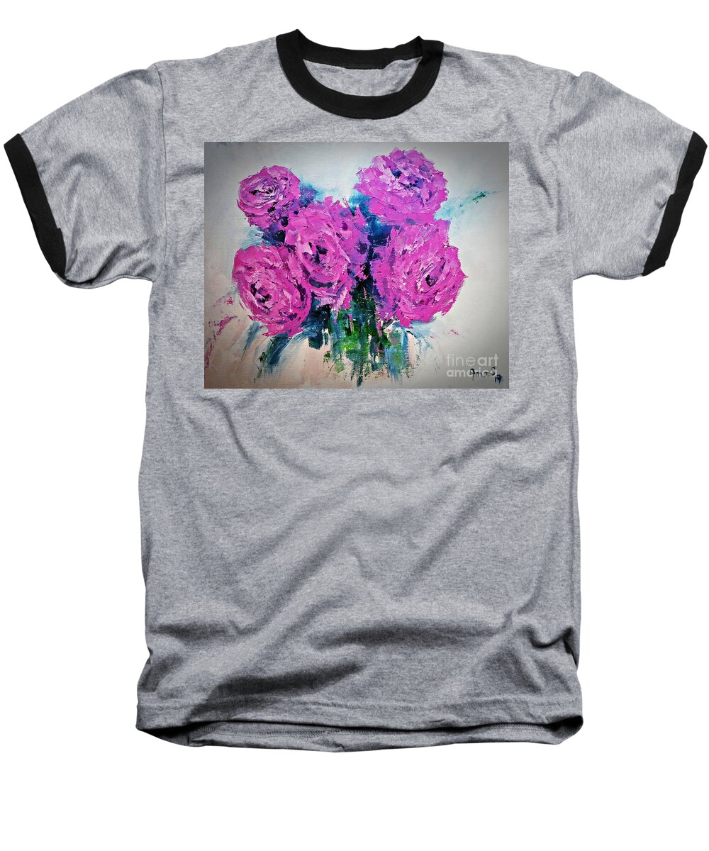 Rose Baseball T-Shirt featuring the painting Pink Roses by Amalia Suruceanu