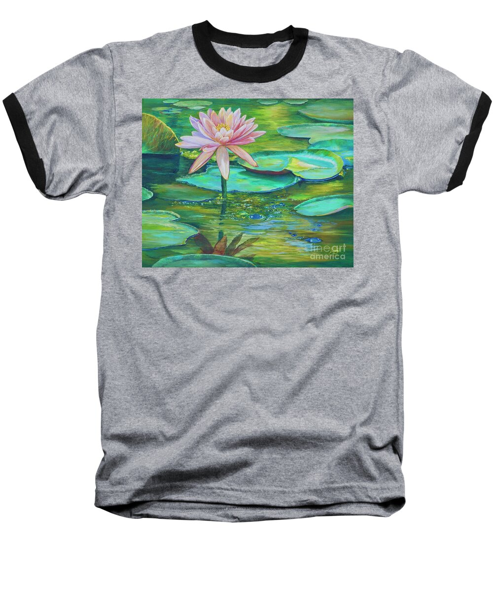 Mckee Botanical Gardens Baseball T-Shirt featuring the painting Pink Water Lily by AnnaJo Vahle