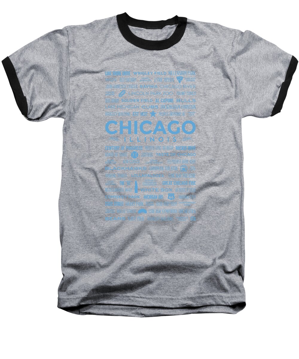 Chicago Baseball T-Shirt featuring the digital art Places of Chicago Blue on Black by Christopher Arndt