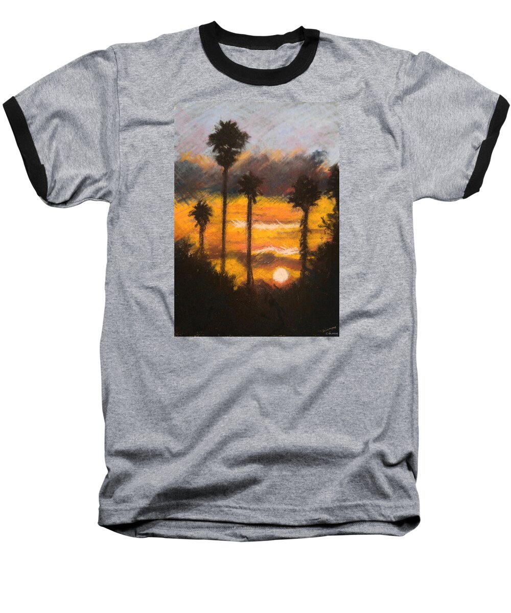 San Diego Palm Trees Sunset Fire Blazing Silhouette Nature Landscape California Beautiful Majestic Baseball T-Shirt featuring the pastel Playing with Fire, San Diego by Brenda Salamone