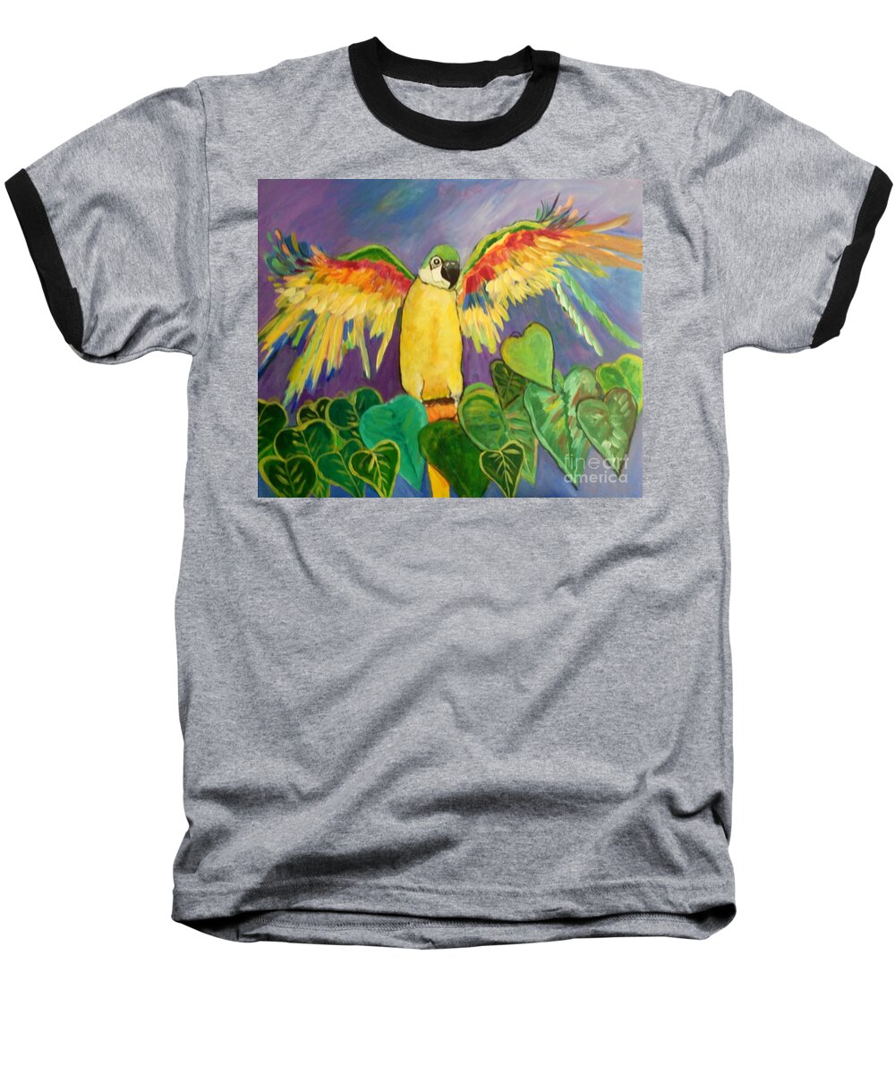 Parrott Baseball T-Shirt featuring the painting Polly Wants More Than A Cracker by Rosemary Aubut