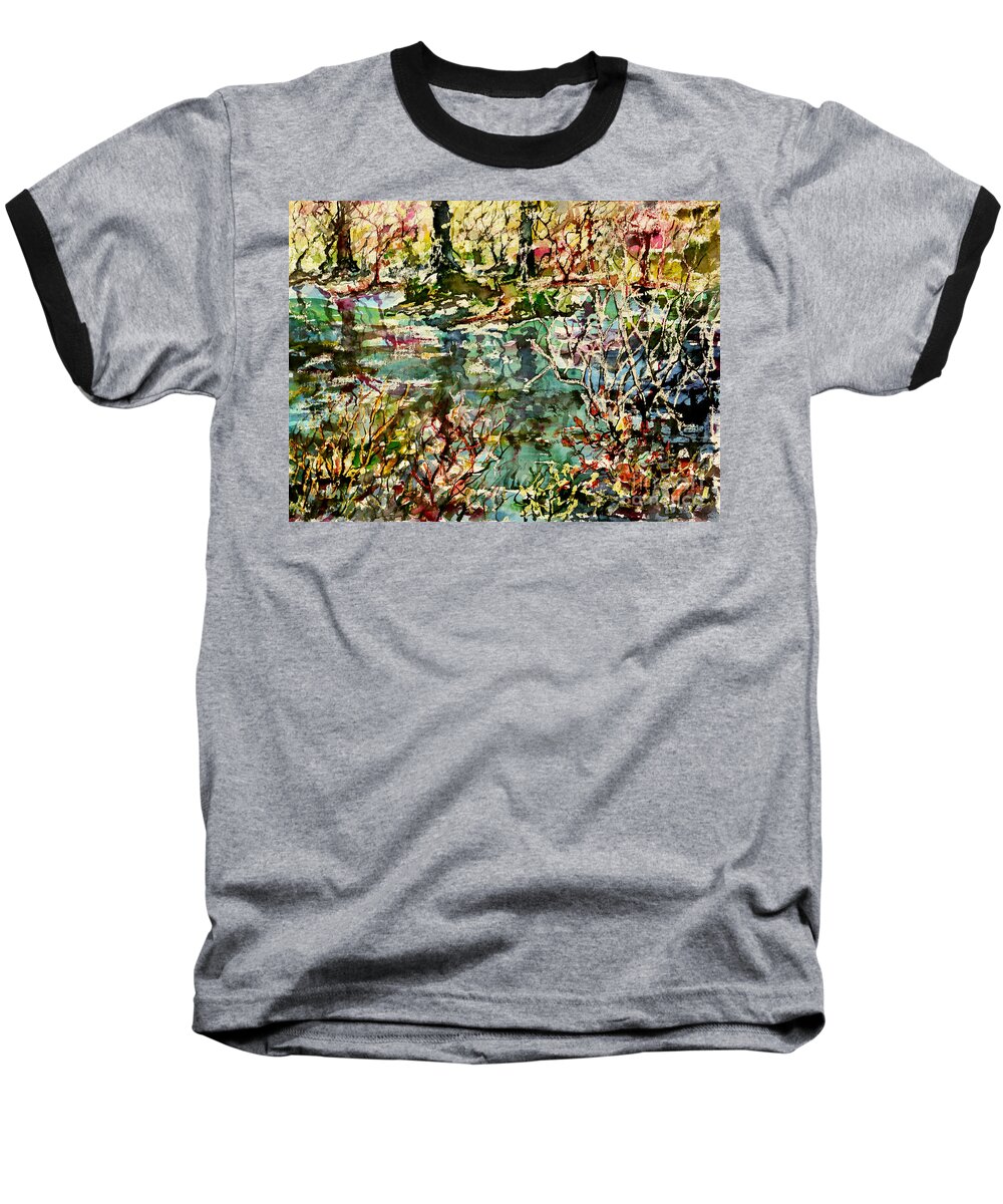 Watercolor Baseball T-Shirt featuring the painting Pond and Beyond by Almo M