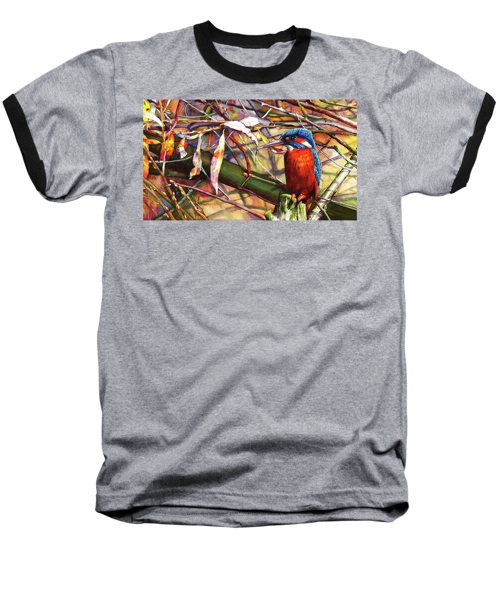 Kingfisher Baseball T-Shirt featuring the painting Pond Life by Peter Williams