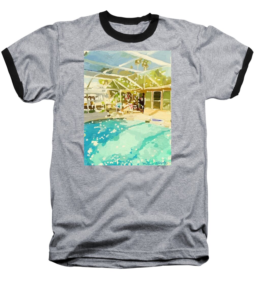 Glittering Day Baseball T-Shirt featuring the painting Pool and Screened Pool House by Melissa Abbott