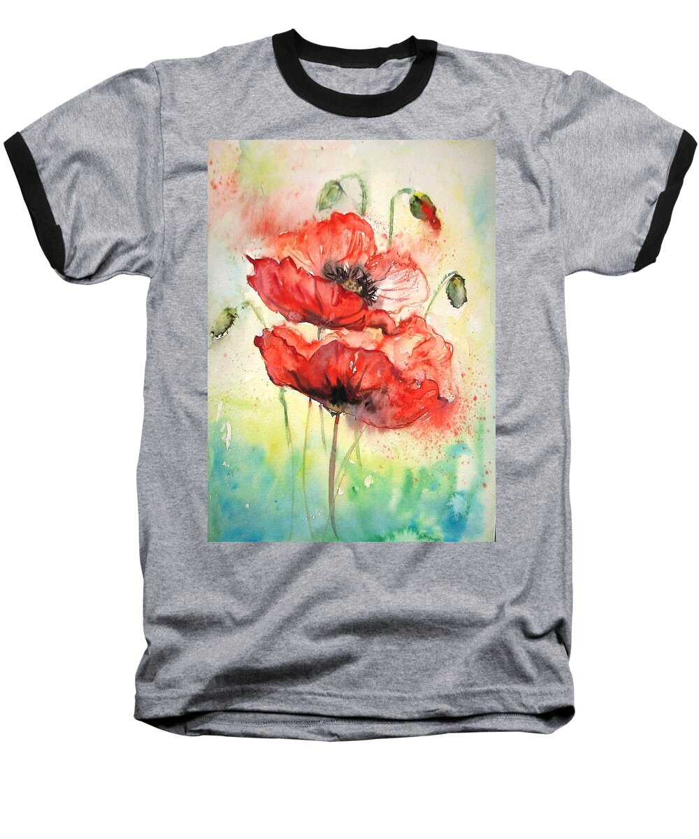 Red Poppy Baseball T-Shirt featuring the painting Poppies by Natalja Picugina